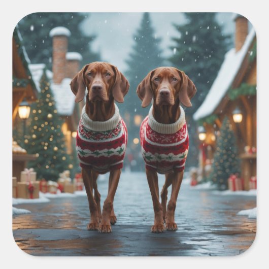 Vizsla Dogs Christmas Snow Holiday Vierkante Sticker (Voorkant)