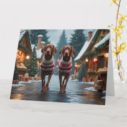 Vizsla Dogs Kerstmis Sneeuw Vakantie Kaart (Gele Bloem)