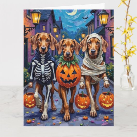 Vizsla Dogs Trick-or-Treating in Halloween Costume Kaart (Gele Bloem)