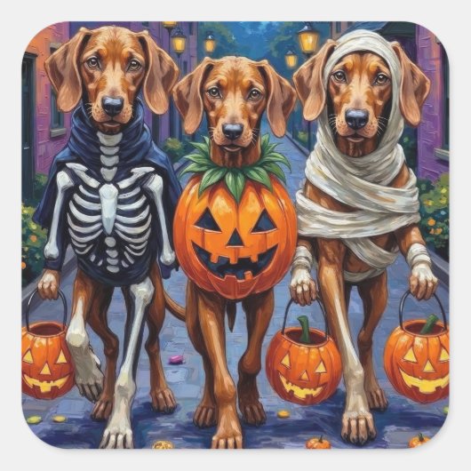 Vizsla Dogs Trick-or-Treating in Halloween Costume Vierkante Sticker (Voorkant)