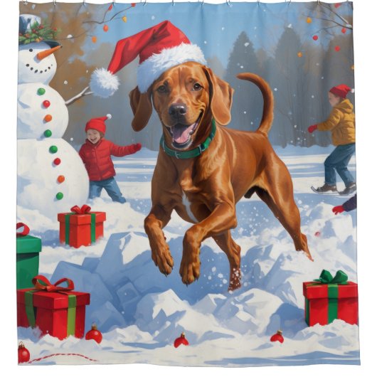 Vizsla hardlopen in de sneeuw met kerst Pet Douchegordijn (Voorkant)