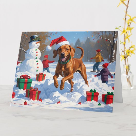 Vizsla hardlopen in de sneeuw met kerstmuts kaart (Gele Bloem)