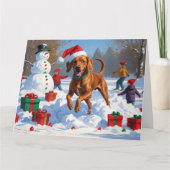 Vizsla hardlopen in de sneeuw met kerstmuts kaart (Voorkant)