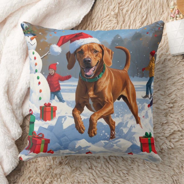 Vizsla hardlopend in de sneeuw met kerstmuts kussen (Deken)