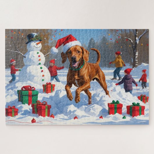 Vizsla hardlopend in de sneeuw met kerstmuts legpuzzel (Horizontaal)