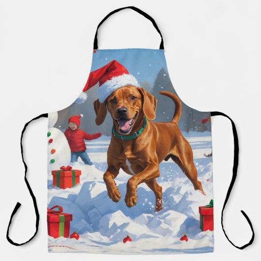 Vizsla hardlopend in de sneeuw met kerstmuts schort (Voorkant)