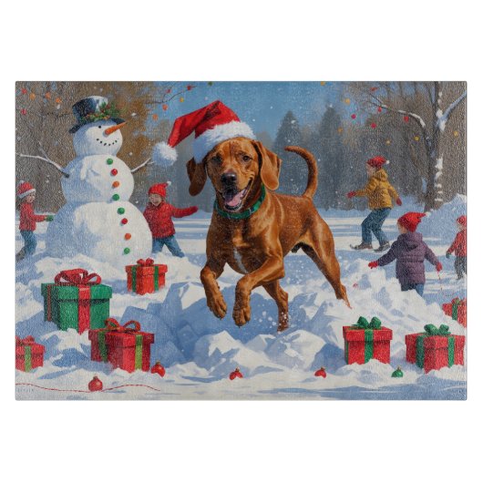Vizsla hardlopend in de sneeuw met kerstmuts snijplank (Voorkant)