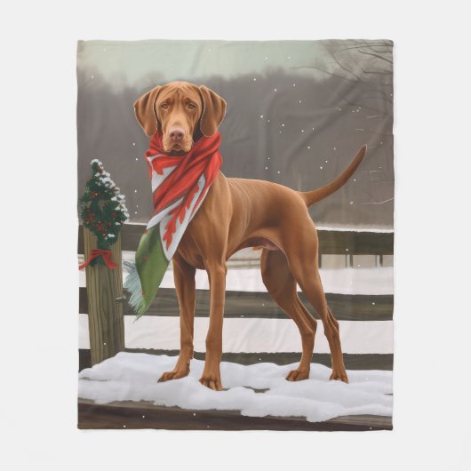 Vizsla Hond in Sneeuw Kerstmis Fleece Deken (Voorkant)