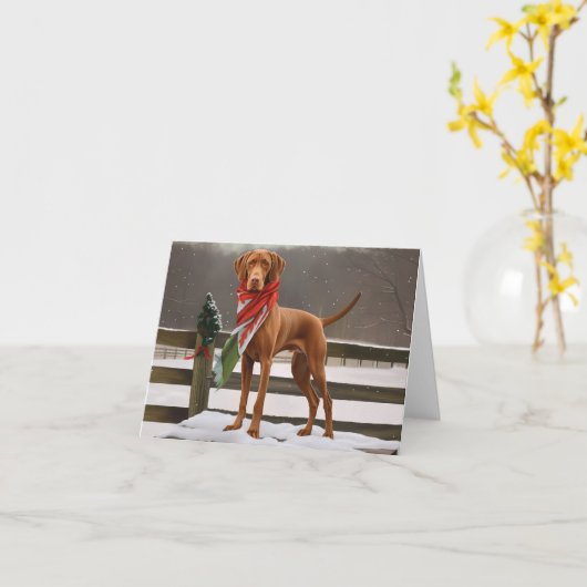 Vizsla Hond in Sneeuw Kerstmis Kaart (Gele Bloem)