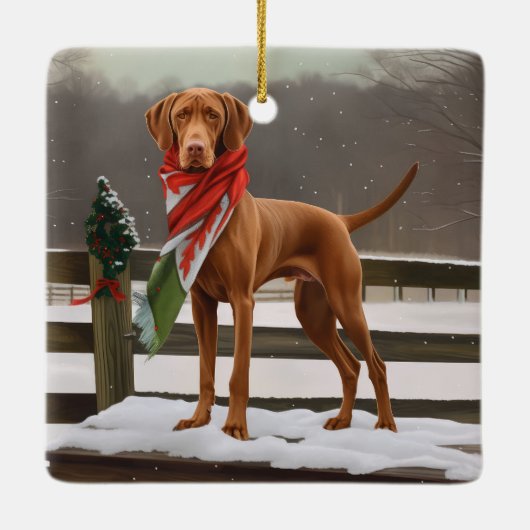 Vizsla Hond in Sneeuw Kerstmis Keramisch Ornament (Achterkant)