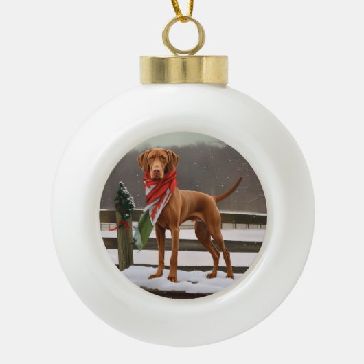Vizsla Hond in Sneeuw Kerstmis Keramische Bal Ornament (Voorkant)