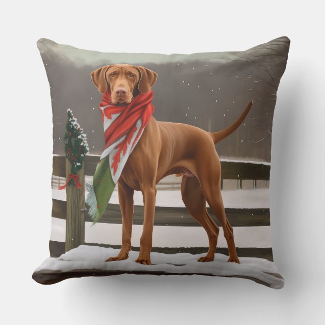 Vizsla Hond in Sneeuw Kerstmis Kussen (Voorkant)
