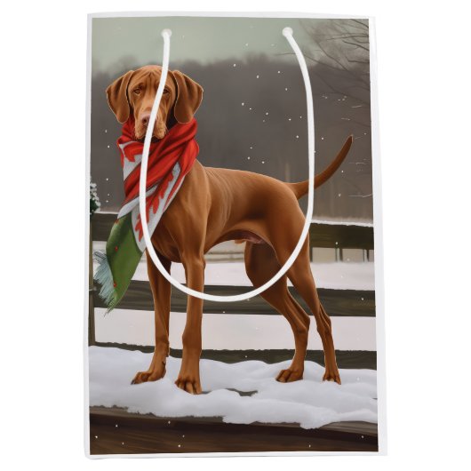 Vizsla Hond in Sneeuw Kerstmis Medium Cadeauzakje (Voorkant)