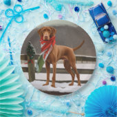 Vizsla Hond in Sneeuw Kerstmis Papieren Bordje (Feest)