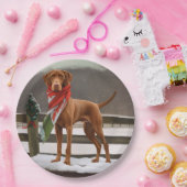 Vizsla Hond in Sneeuw Kerstmis Papieren Bordje (Feest)
