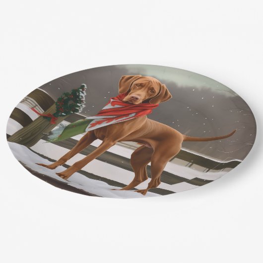 Vizsla Hond in Sneeuw Kerstmis Papieren Bordje (Gekanteld)