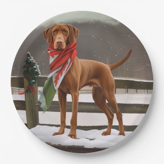 Vizsla Hond in Sneeuw Kerstmis Papieren Bordje (Voorkant)