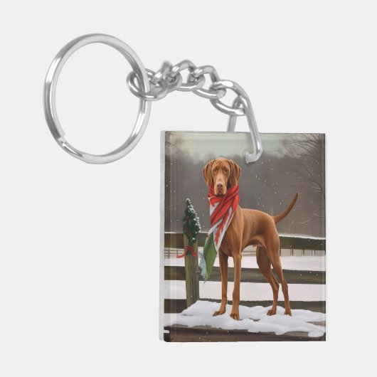 Vizsla Hond in Sneeuw Kerstmis Sleutelhanger (Voorkant Links)