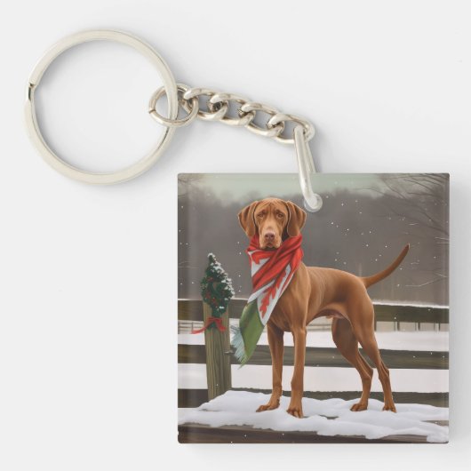Vizsla Hond in Sneeuw Kerstmis Sleutelhanger (Voorkant)