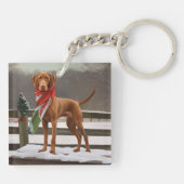 Vizsla Hond in Sneeuw Kerstmis Sleutelhanger (Achterkant)