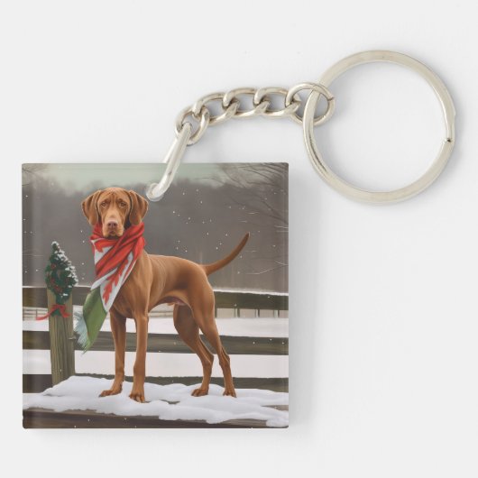 Vizsla Hond in Sneeuw Kerstmis Sleutelhanger (Achterkant)