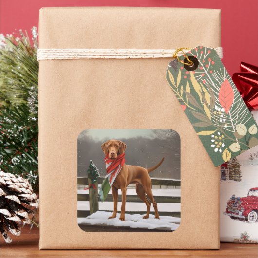 Vizsla Hond in Sneeuw Kerstmis Vierkante Sticker (Feestdagen)