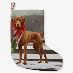 Vizsla-hond in sneeuw met Kerstmis Kleine Kerstsok