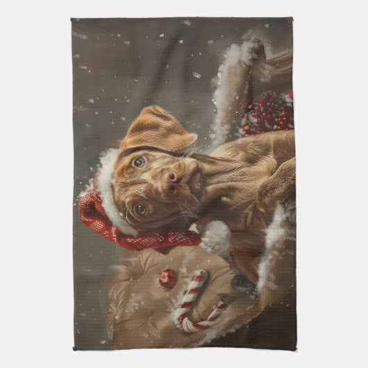 Vizsla Hond Kerstfeest Theedoek (Verticaal)