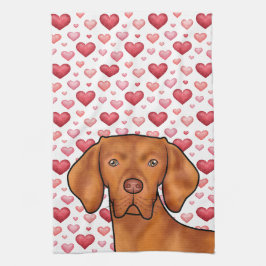 Vizsla Hond Lieft Alleszins Met Rode En Roze Hartj Theedoek