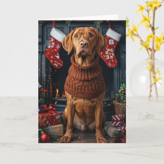 Vizsla hond met kerstcadeaus open haard kaart (Gele Bloem)