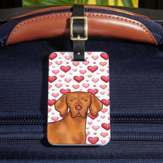 Vizsla hondenliefde met rood en roze hart patroon bagagelabel (Voorkant Insitu 2)