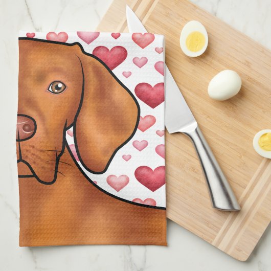 Vizsla hondenliefde met rood en roze harten patroo theedoek (Quarter Fold)