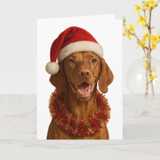 Vizsla in a Santa hat Christmas card Kaart (Gele Bloem)