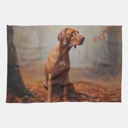 Vizsla in Herfst laat Herfst inspireren Theedoek (Horizontaal)