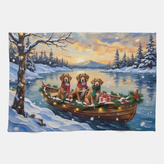 Vizsla Kerstboot Vakantie Theedoek (Horizontaal)