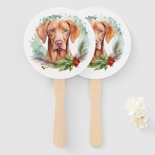 Vizsla Kerstkrans Feestelijke Pup Handwaaier (Voorkant en achterkant)