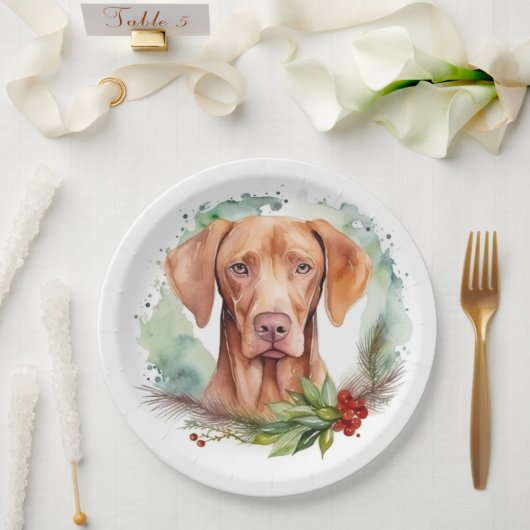 Vizsla Kerstkrans Feestelijke Pup Papieren Bordje (Huwelijk)