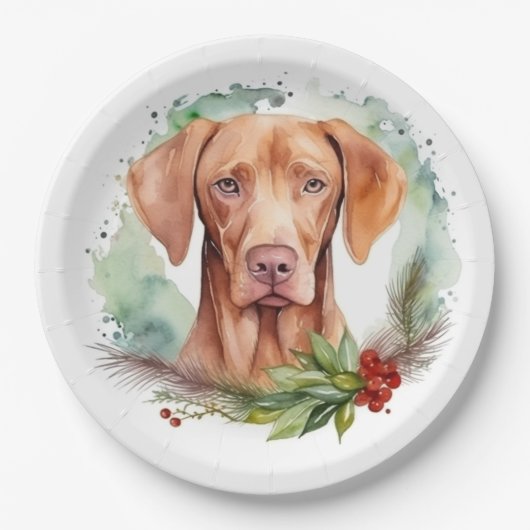 Vizsla Kerstkrans Feestelijke Pup Papieren Bordje (Voorkant)