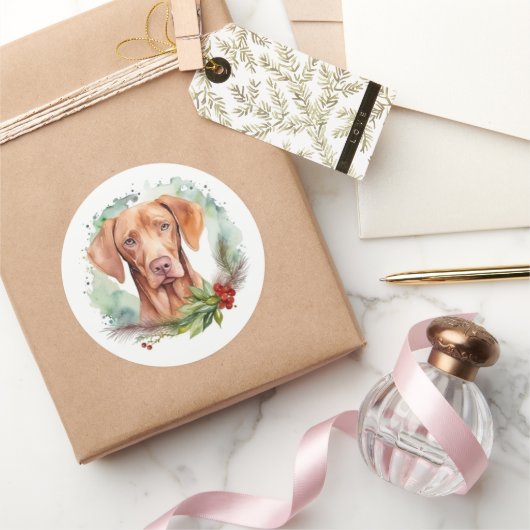 Vizsla Kerstkrans Feestelijke Pup Ronde Sticker (Geschenken)