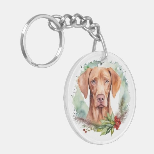 Vizsla Kerstkrans Feestelijke Pup Sleutelhanger (Voorkant Links)