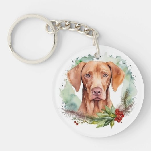 Vizsla Kerstkrans Feestelijke Pup Sleutelhanger (Voorkant)
