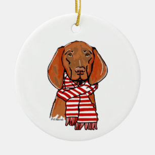 Vizsla met een rode en witte sjaal keramisch ornament