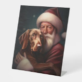 Vizsla met Sinterklaas Feestelijke Kerstmis Reclamebord Met Voetstuk (Voorkant)