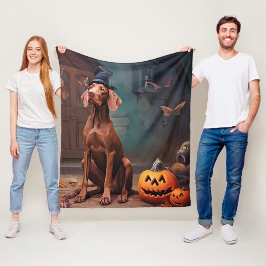 Vizsla Pompoenen Halloween Griezelen Fleece Deken (In situ)