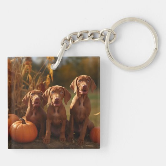 Vizsla Puppy Herfst Delight Pompoen Sleutelhanger (Achterkant)