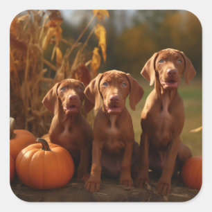 Vizsla Puppy Herfst Plezier Pompoen Vierkante Sticker