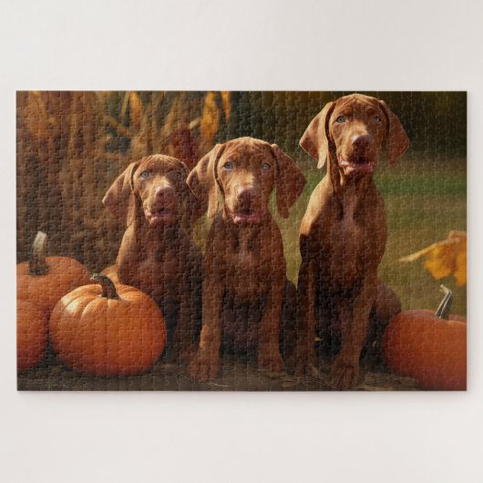 Vizsla Puppy Herfstvreugde Pompoen Legpuzzel (Horizontaal)