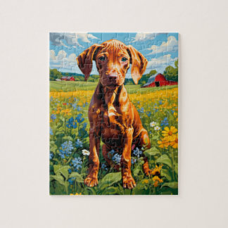 Vizsla Puppy op gebied van Wildflower assortiment  Legpuzzel