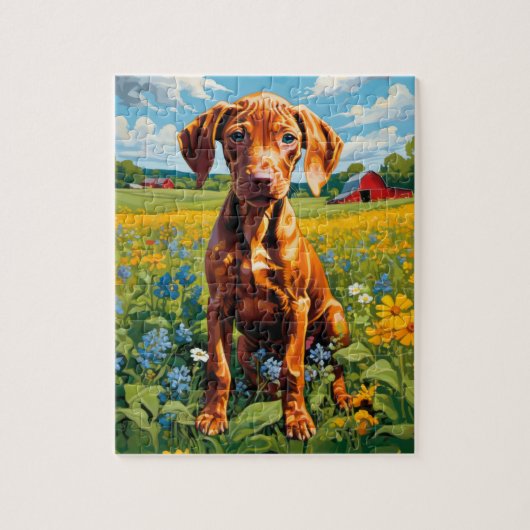 Vizsla Puppy op gebied van Wildflower assortiment  Legpuzzel (Verticaal)