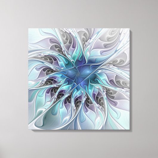 Vlaams Abstract Modern Flower W. Blue Triptych Canvas Afdruk (Voorkant)